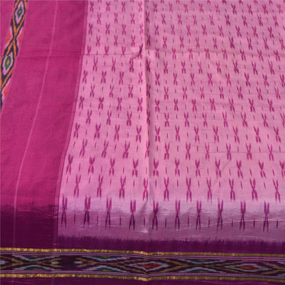 Sanskriti Vintage Sarees Pink Ikat Handwoven Pochampally Pure Silk Sari Fabric