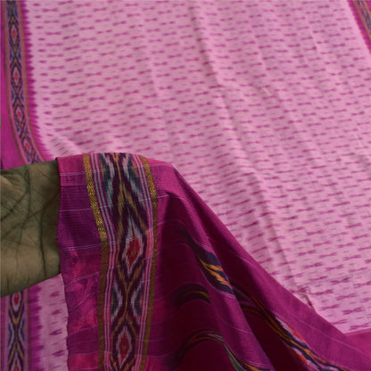 Sanskriti Vintage Sarees Pink Ikat Handwoven Pochampally Pure Silk Sari Fabric