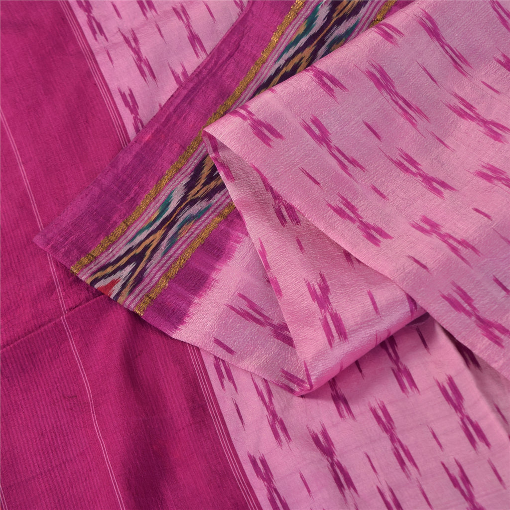 Sanskriti Vintage Sarees Pink Ikat Handwoven Pochampally Pure Silk Sari Fabric