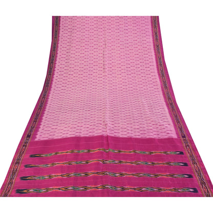 Sanskriti Vintage Sarees Pink Ikat Handwoven Pochampally Pure Silk Sari Fabric