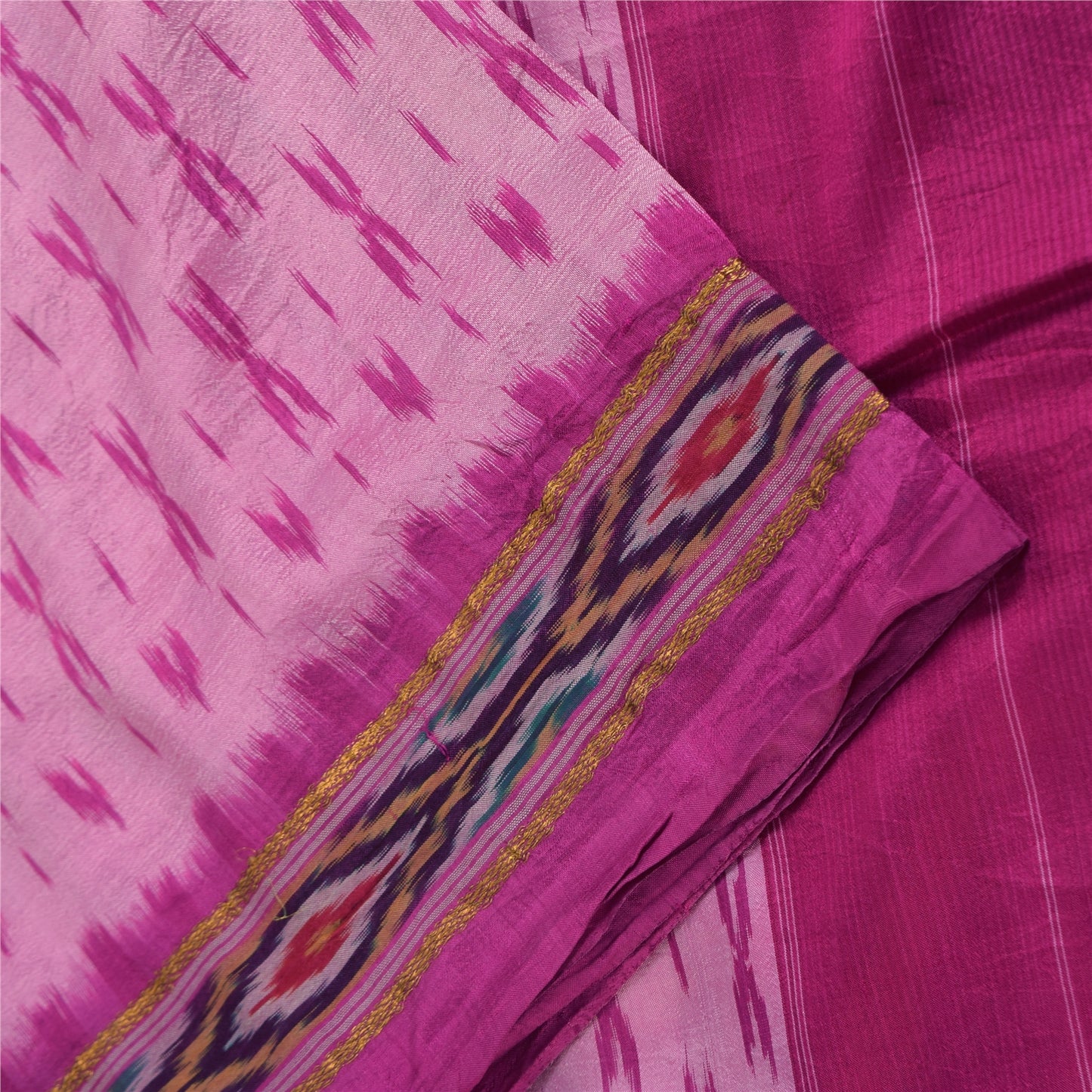 Sanskriti Vintage Sarees Pink Ikat Handwoven Pochampally Pure Silk Sari Fabric