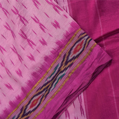 Sanskriti Vintage Sarees Pink Ikat Handwoven Pochampally Pure Silk Sari Fabric