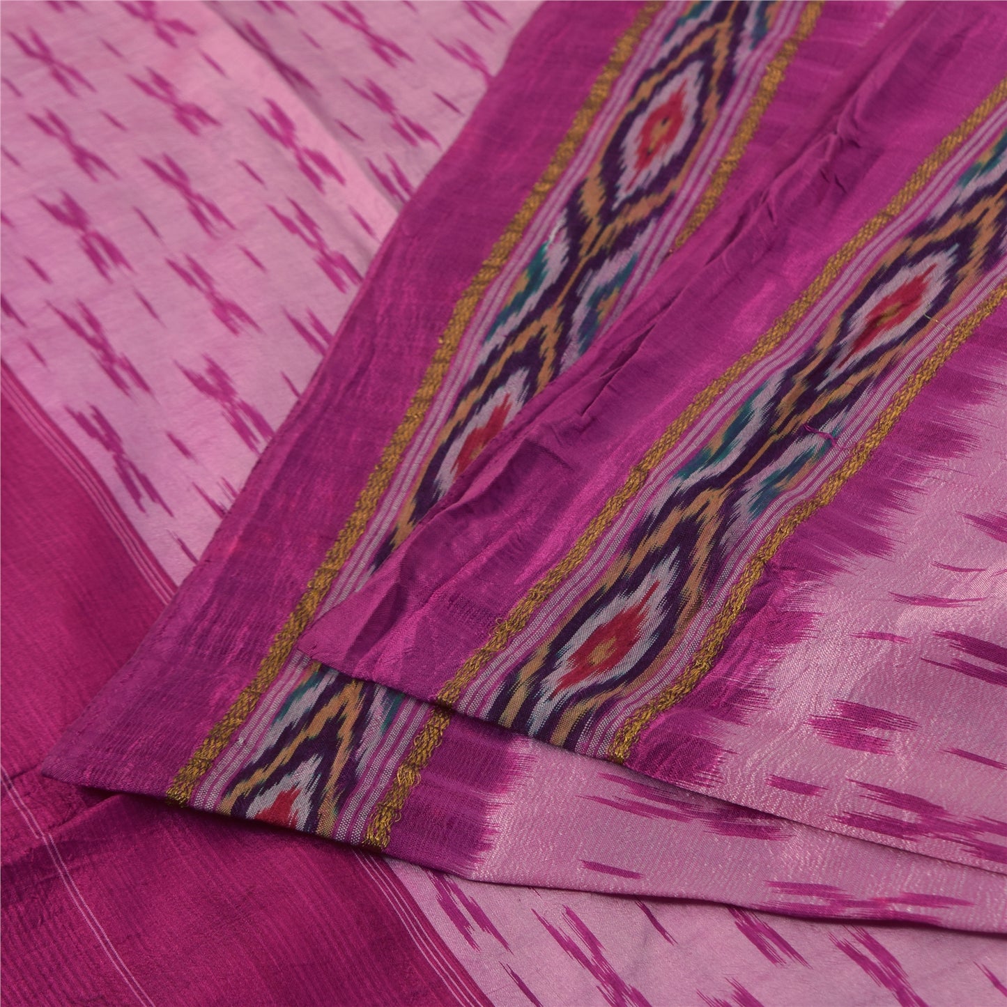 Sanskriti Vintage Sarees Pink Ikat Handwoven Pochampally Pure Silk Sari Fabric