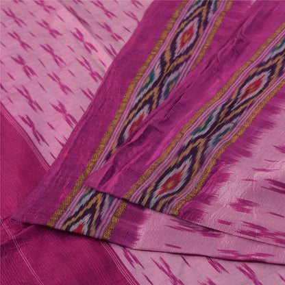 Sanskriti Vintage Sarees Pink Ikat Handwoven Pochampally Pure Silk Sari Fabric