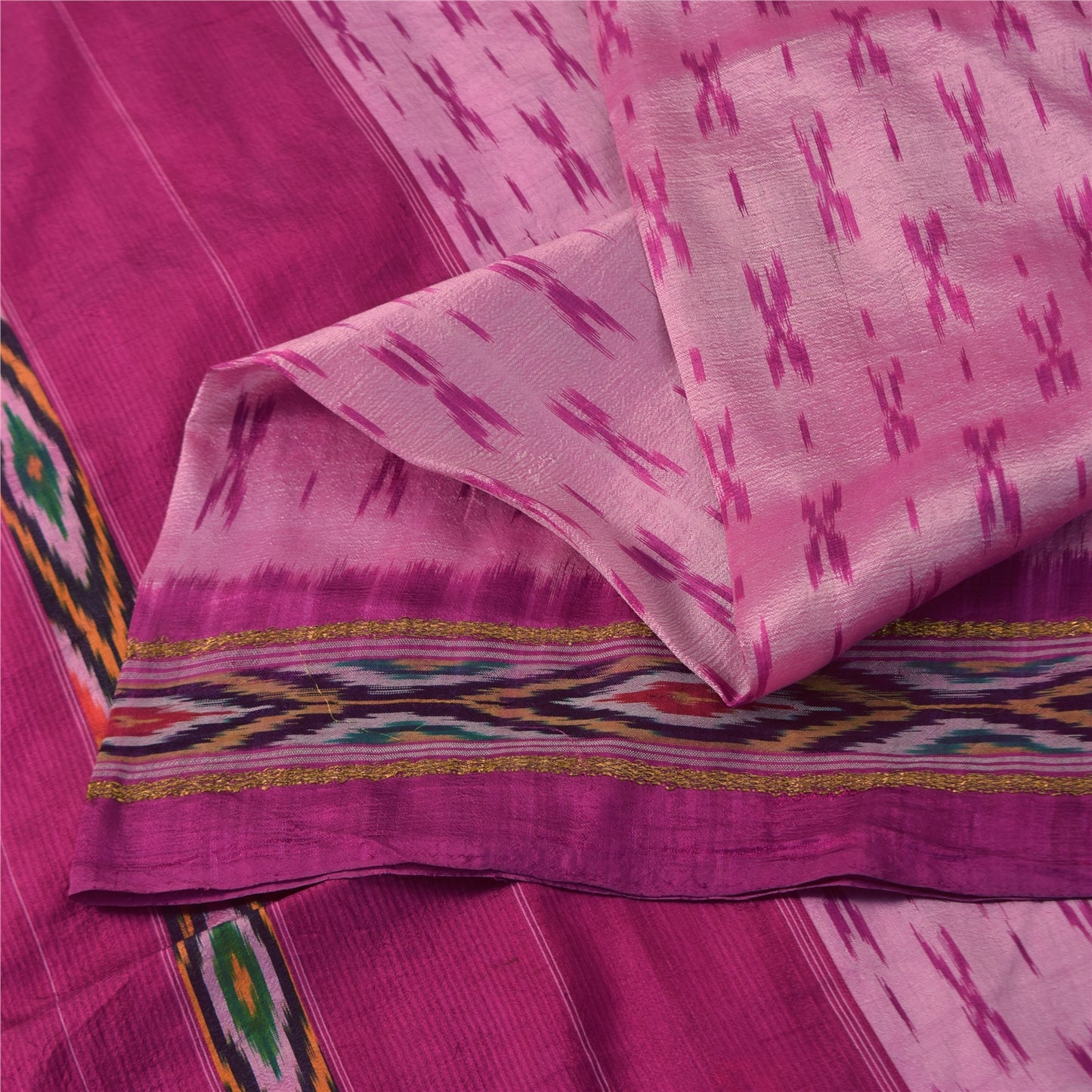 Sanskriti Vintage Sarees Pink Ikat Handwoven Pochampally Pure Silk Sari Fabric