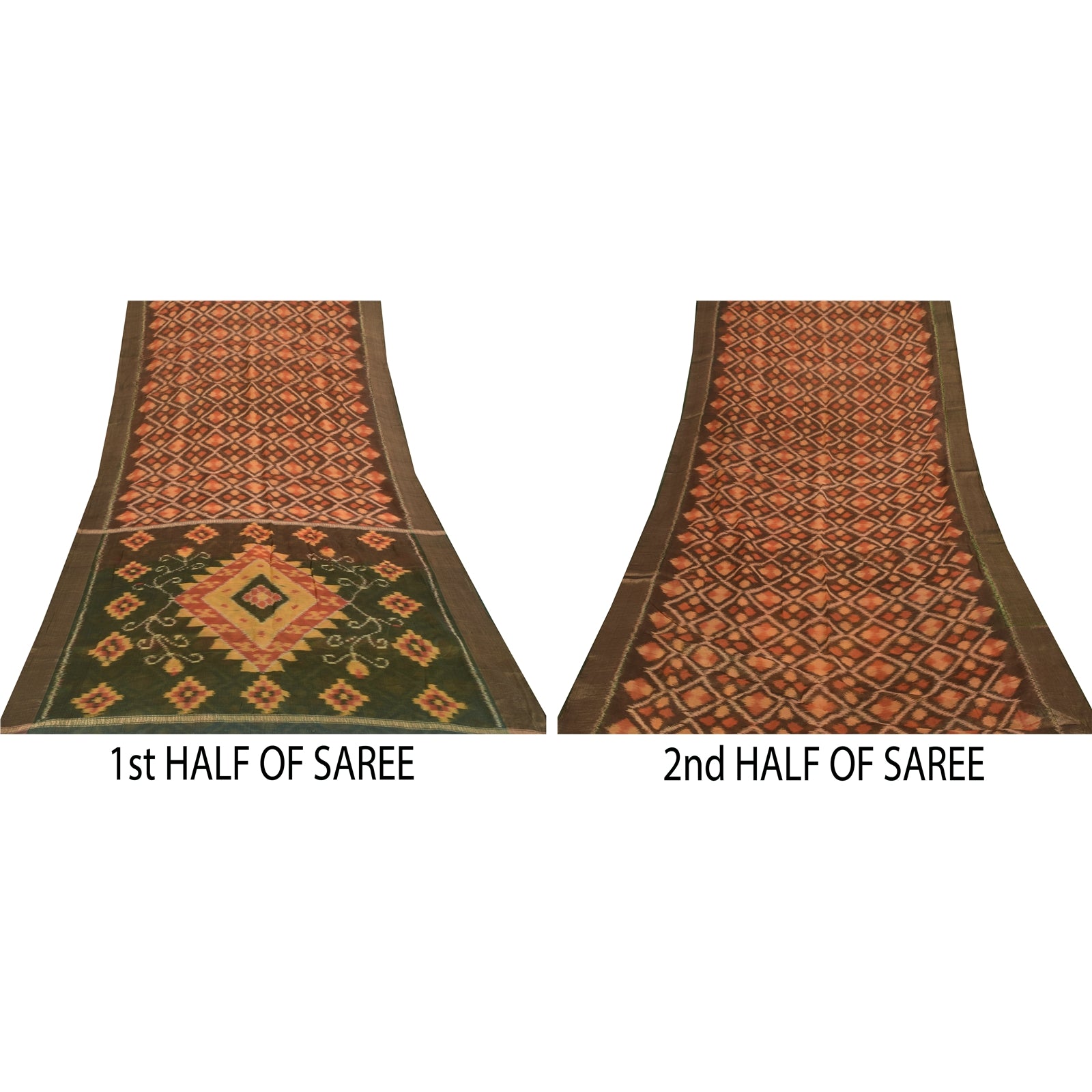 Sanskriti Vintage Patan Patola Ikat Saree Orange Green Handwoven 100% Pure Cotton Sari 5+ Yards | Indian Craft Fabric From Gujrat Textile