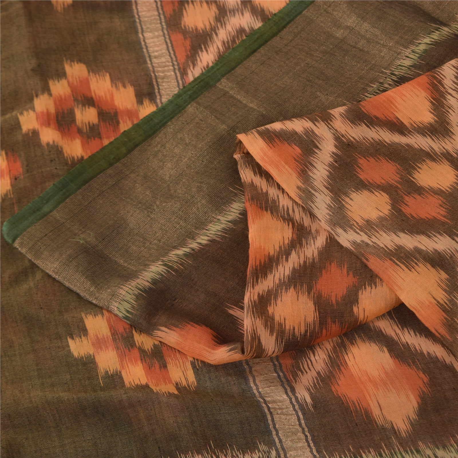 Sanskriti Vintage Patan Patola Ikat Saree Orange Green Handwoven 100% Pure Cotton Sari 5+ Yards | Indian Craft Fabric From Gujrat Textile