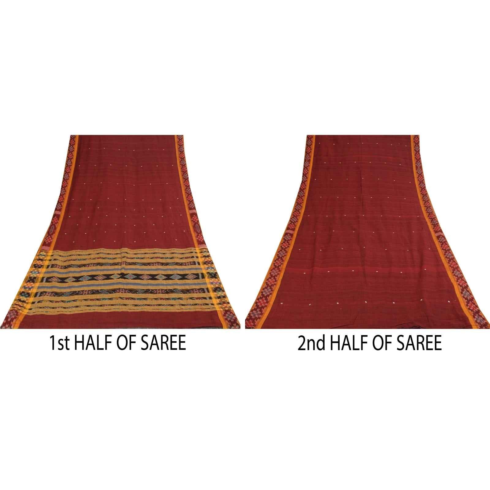 Sanskriti Vintage Sarees Red Ikat Handwoven Odisha Pure Silk Sari 5+yd Fabric