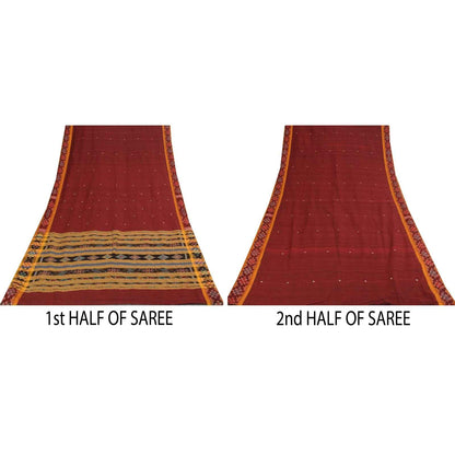 Sanskriti Vintage Sarees Red Ikat Handwoven Odisha Pure Silk Sari 5+yd Fabric