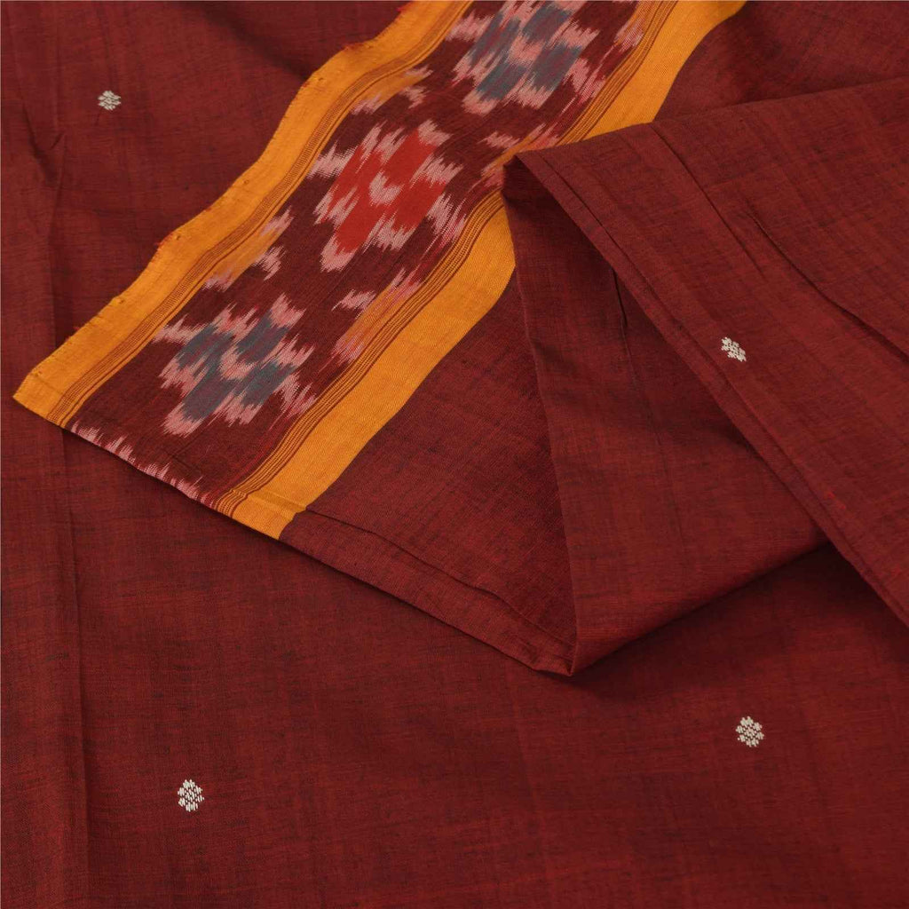 Sanskriti Vintage Sarees Red Ikat Handwoven Odisha Pure Silk Sari 5+yd Fabric