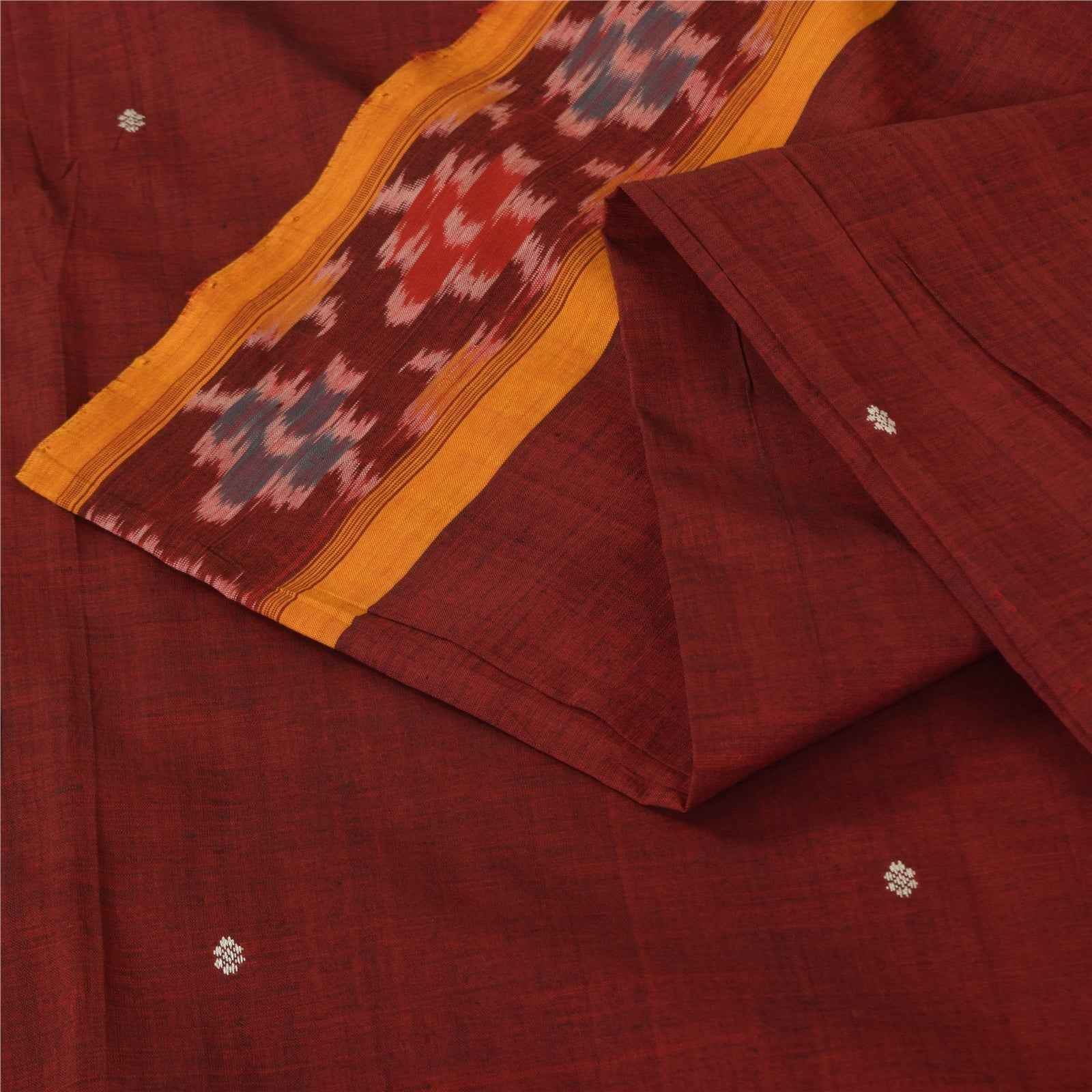Sanskriti Vintage Sarees Red Ikat Handwoven Odisha Pure Silk Sari 5+yd Fabric