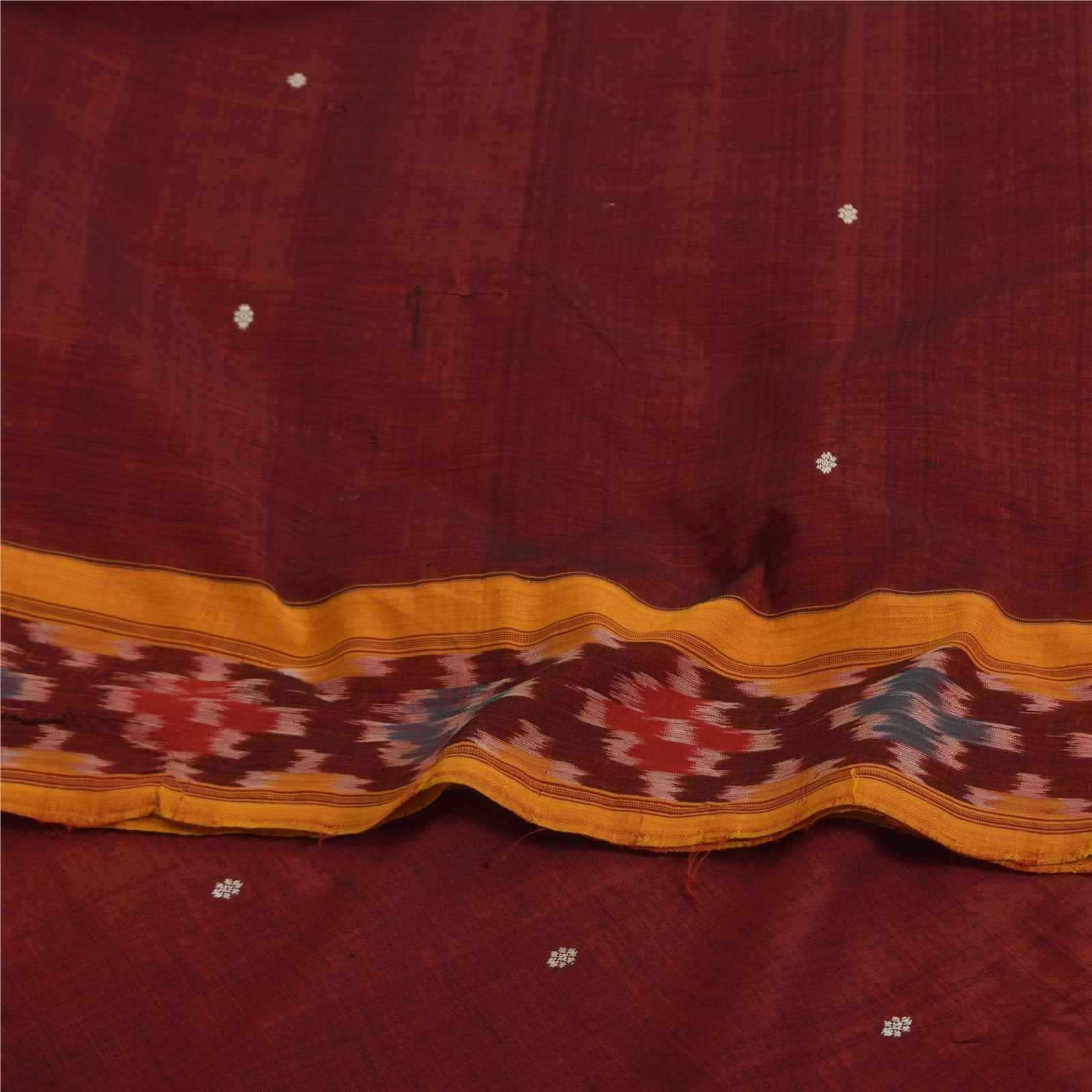 Sanskriti Vintage Sarees Red Ikat Handwoven Odisha Pure Silk Sari 5+yd Fabric