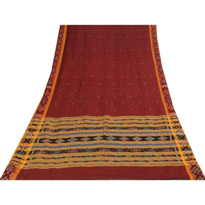 Sanskriti Vintage Sarees Red Ikat Handwoven Odisha Pure Silk Sari 5+yd Fabric