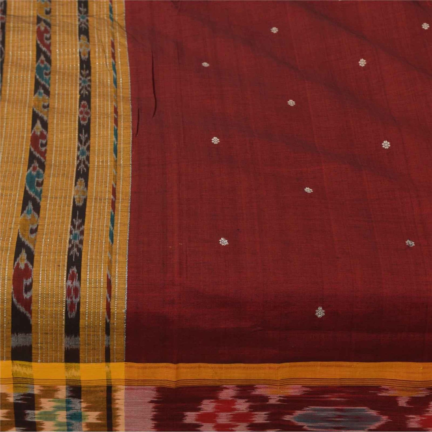 Sanskriti Vintage Sarees Red Ikat Handwoven Odisha Pure Silk Sari 5+yd Fabric