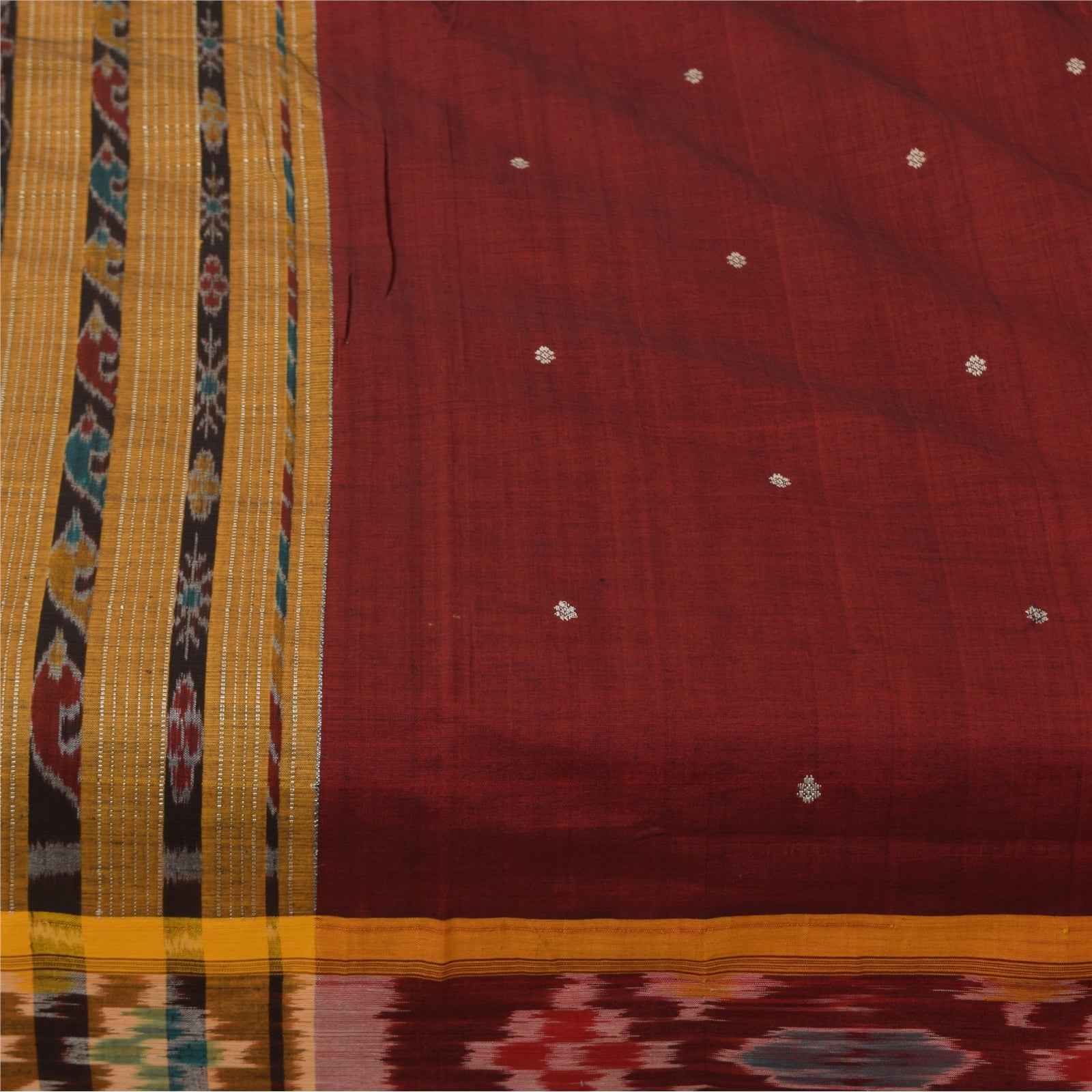 Sanskriti Vintage Sarees Red Ikat Handwoven Odisha Pure Silk Sari 5+yd Fabric