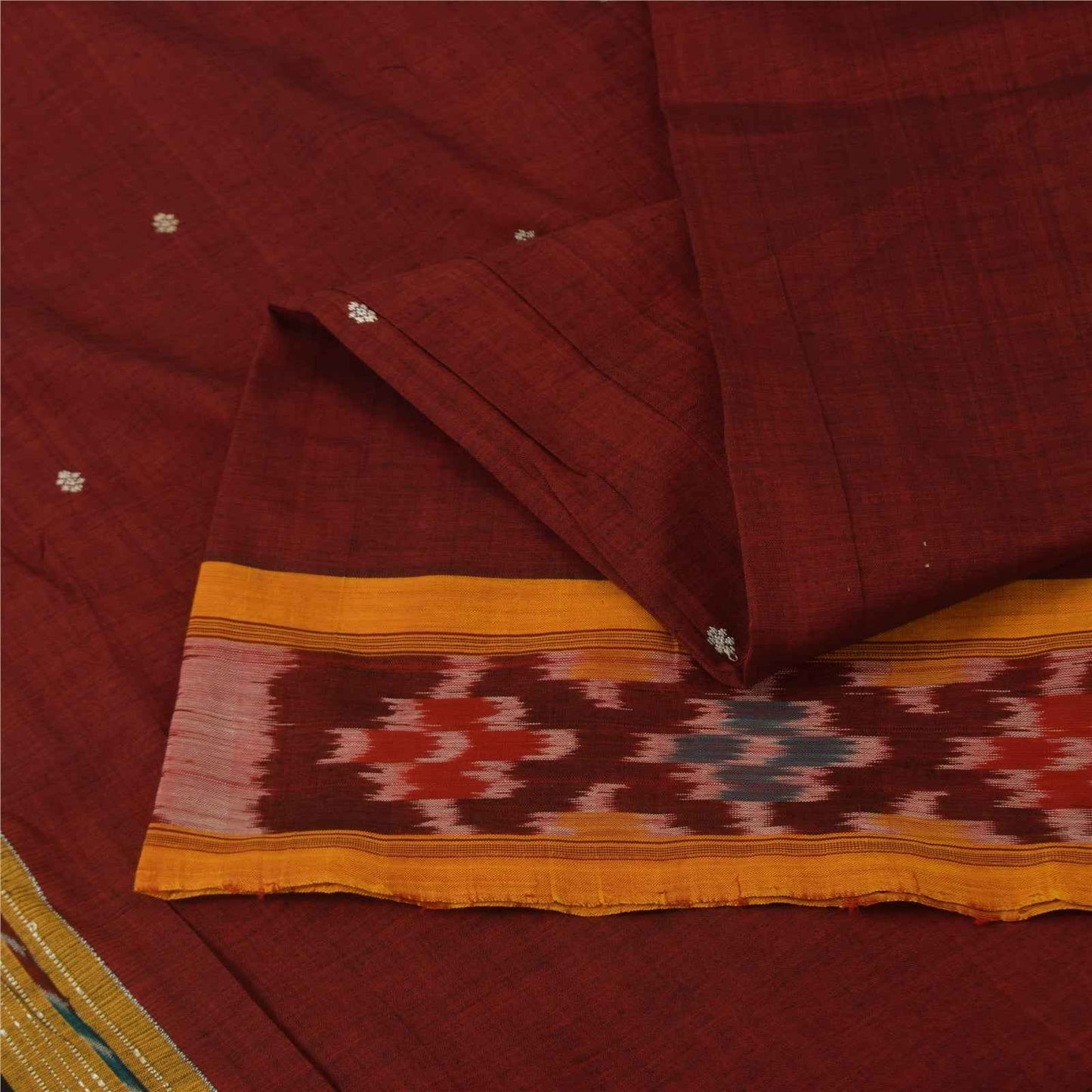 Sanskriti Vintage Sarees Red Ikat Handwoven Odisha Pure Silk Sari 5+yd Fabric