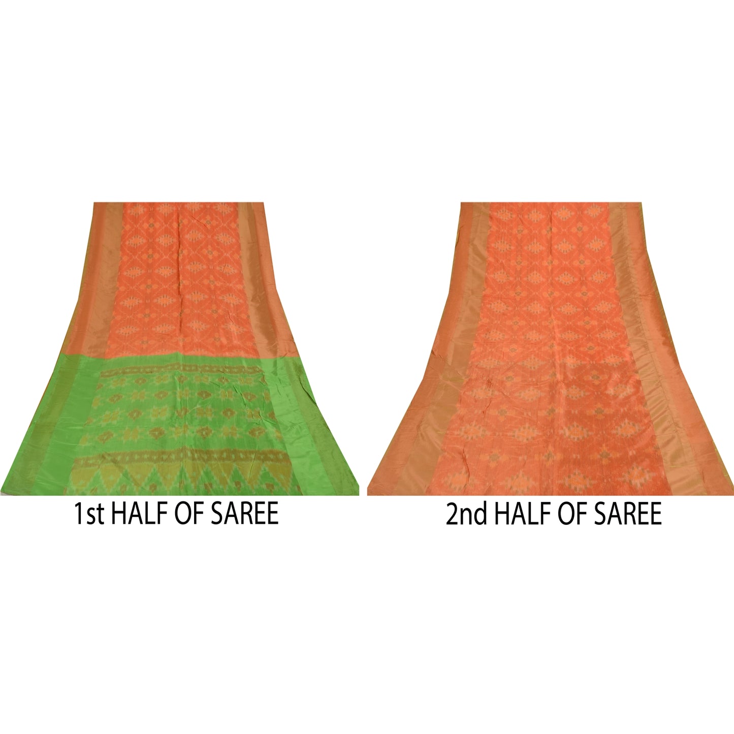 Sanskriti Vintage Sarees Orange Ikat Handwoven Sambhalpuri Pure Silk Sari Fabric