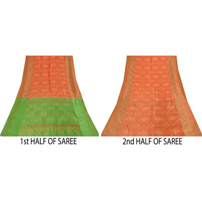 Sanskriti Vintage Sarees Orange Ikat Handwoven Sambhalpuri Pure Silk Sari Fabric