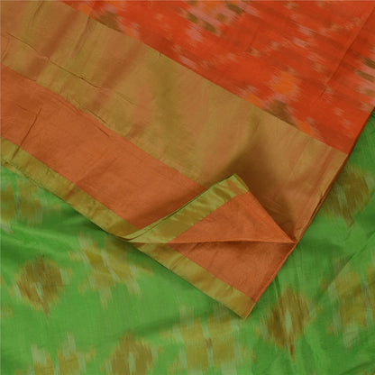 Sanskriti Vintage Sarees Orange Ikat Handwoven Sambhalpuri Pure Silk Sari Fabric