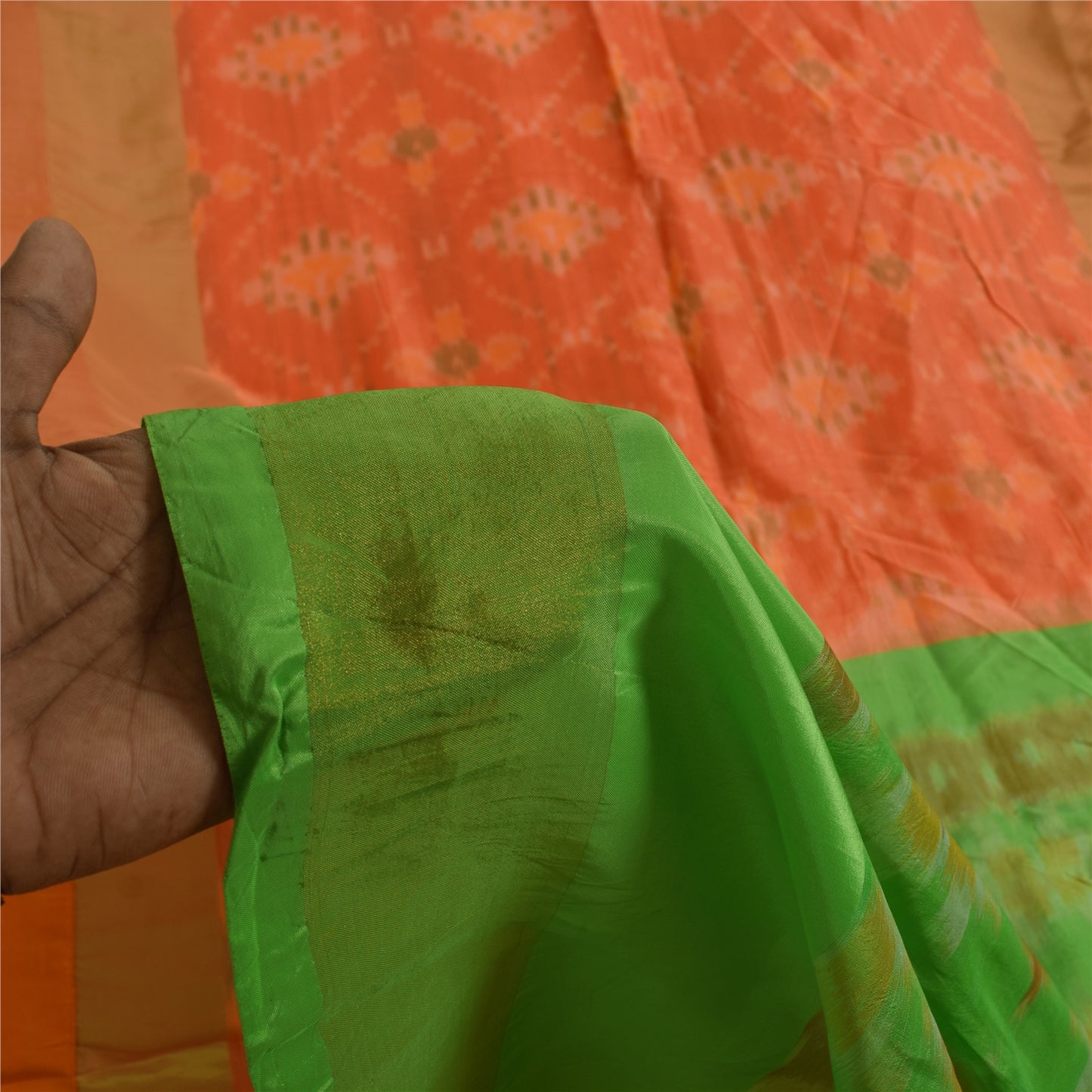 Sanskriti Vintage Sarees Orange Ikat Handwoven Sambhalpuri Pure Silk Sari Fabric