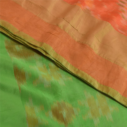 Sanskriti Vintage Sarees Orange Ikat Handwoven Sambhalpuri Pure Silk Sari Fabric