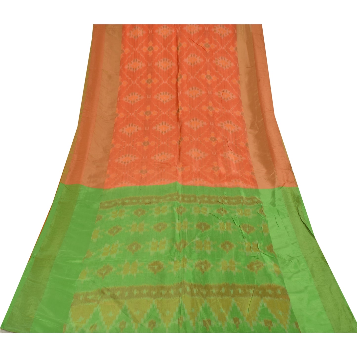 Sanskriti Vintage Sarees Orange Ikat Handwoven Sambhalpuri Pure Silk Sari Fabric