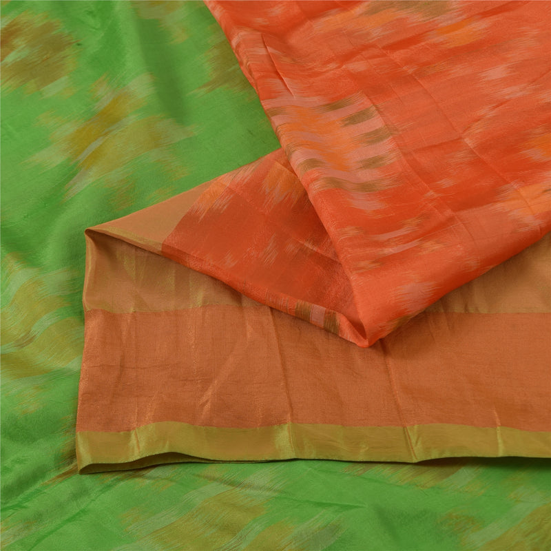 Sanskriti Vintage Sambhalpuri Ikat Saree Orange Green Handwoven 100% Pure Silk Saree 5+ Yards | Indian Craft Fabric From Textile Heritage