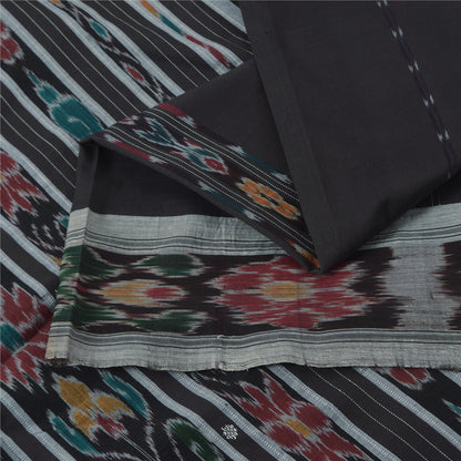 Sanskriti Vintage Sarees Black Ikat Handwoven Odisha Pure CottonSari 5+yd Fabric