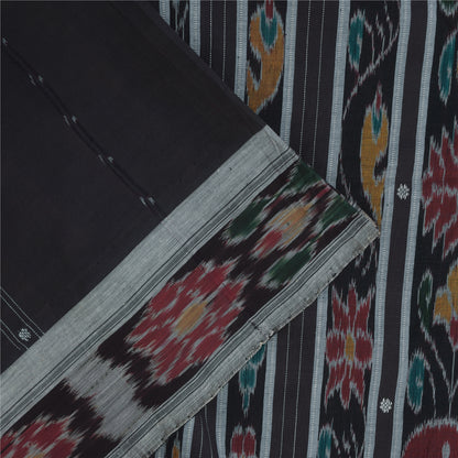 Sanskriti Vintage Sarees Black Ikat Handwoven Odisha Pure CottonSari 5+yd Fabric