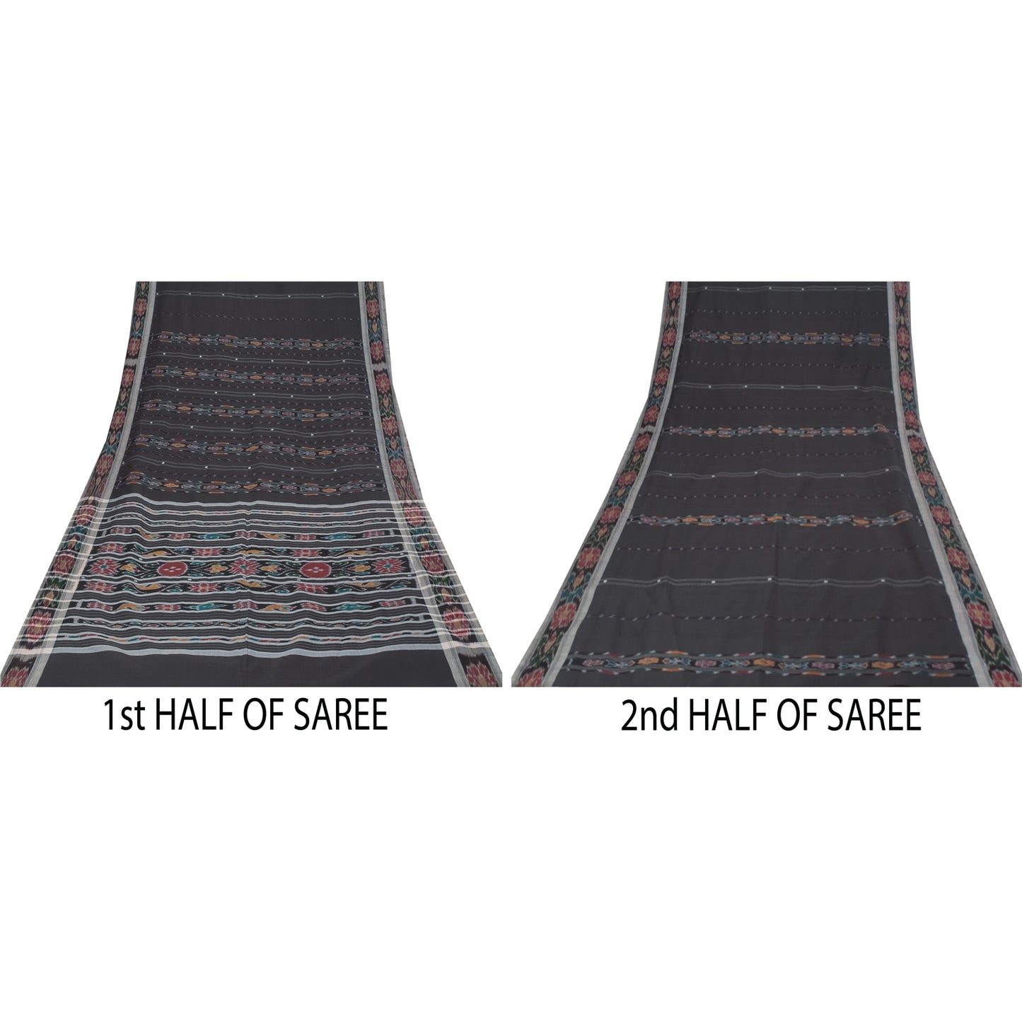 Sanskriti Vintage Sarees Black Ikat Handwoven Odisha Pure CottonSari 5+yd Fabric