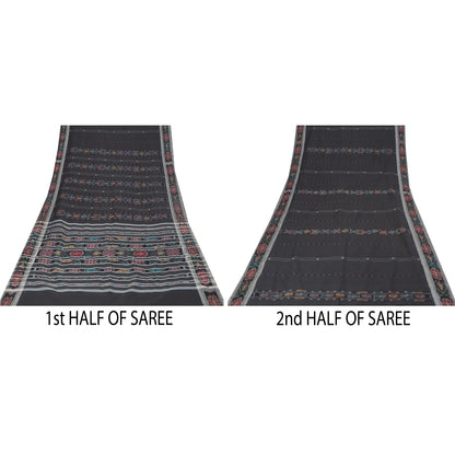 Sanskriti Vintage Sarees Black Ikat Handwoven Odisha Pure CottonSari 5+yd Fabric
