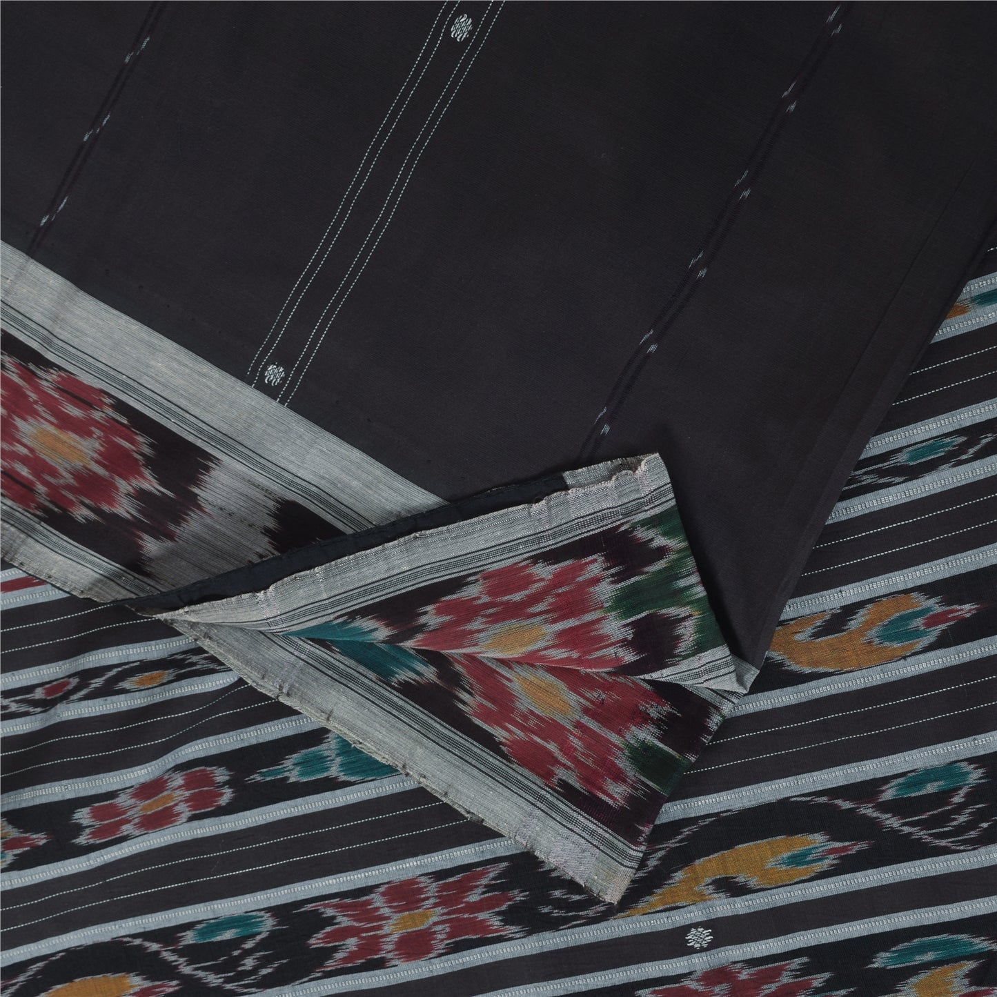 Sanskriti Vintage Sarees Black Ikat Handwoven Odisha Pure CottonSari 5+yd Fabric