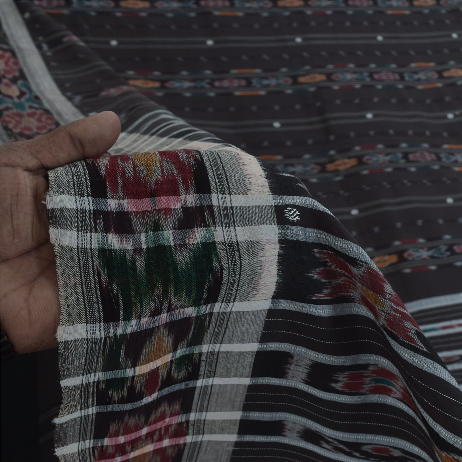 Sanskriti Vintage Sarees Black Ikat Handwoven Odisha Pure CottonSari 5+yd Fabric