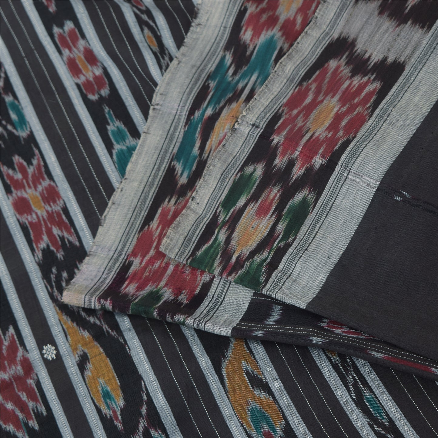 Sanskriti Vintage Sarees Black Ikat Handwoven Odisha Pure CottonSari 5+yd Fabric