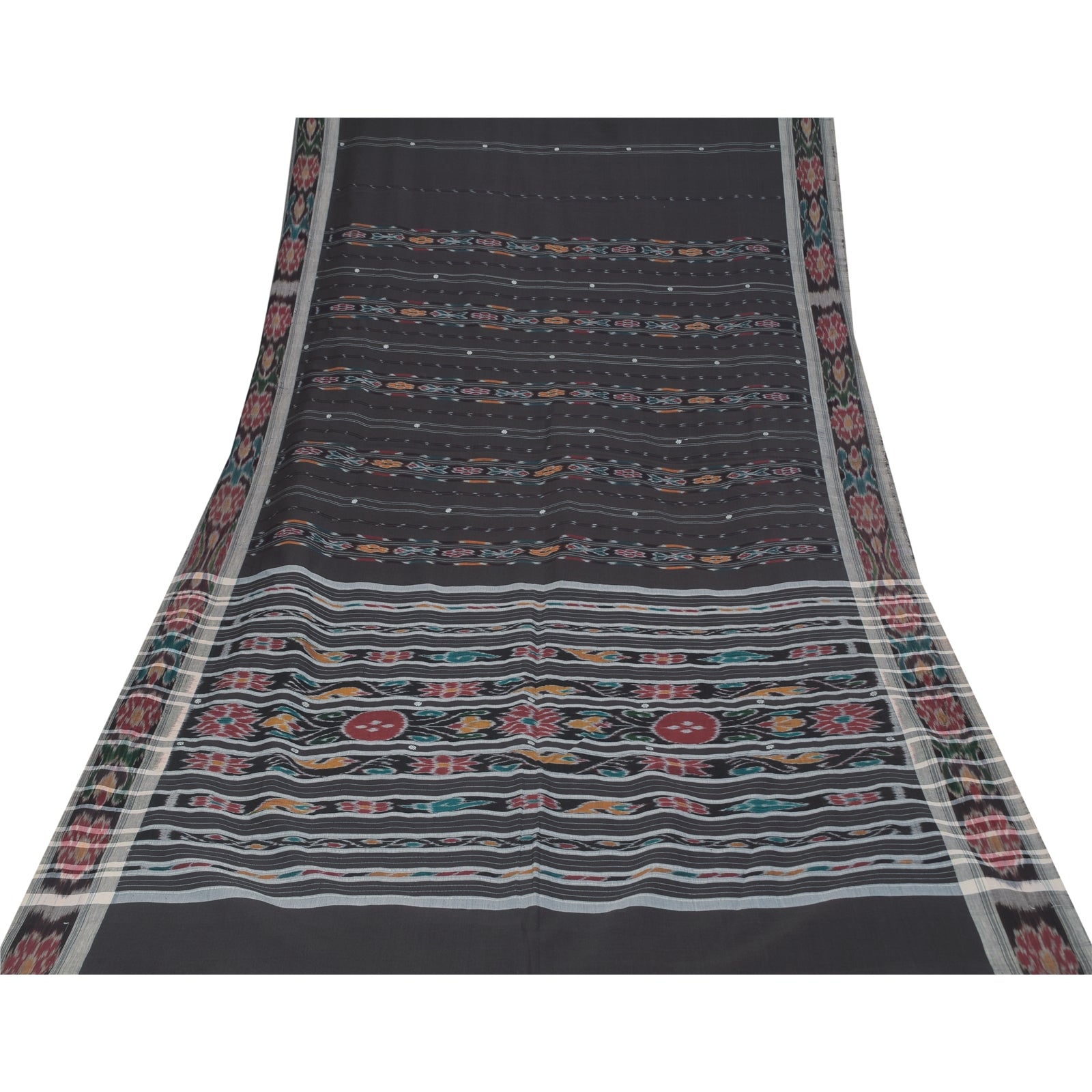 Sanskriti Vintage Sarees Black Ikat Handwoven Odisha Pure CottonSari 5+yd Fabric