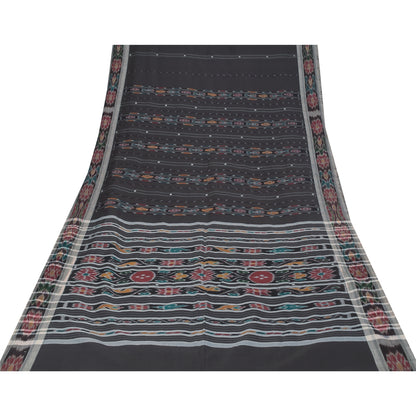 Sanskriti Vintage Sarees Black Ikat Handwoven Odisha Pure CottonSari 5+yd Fabric