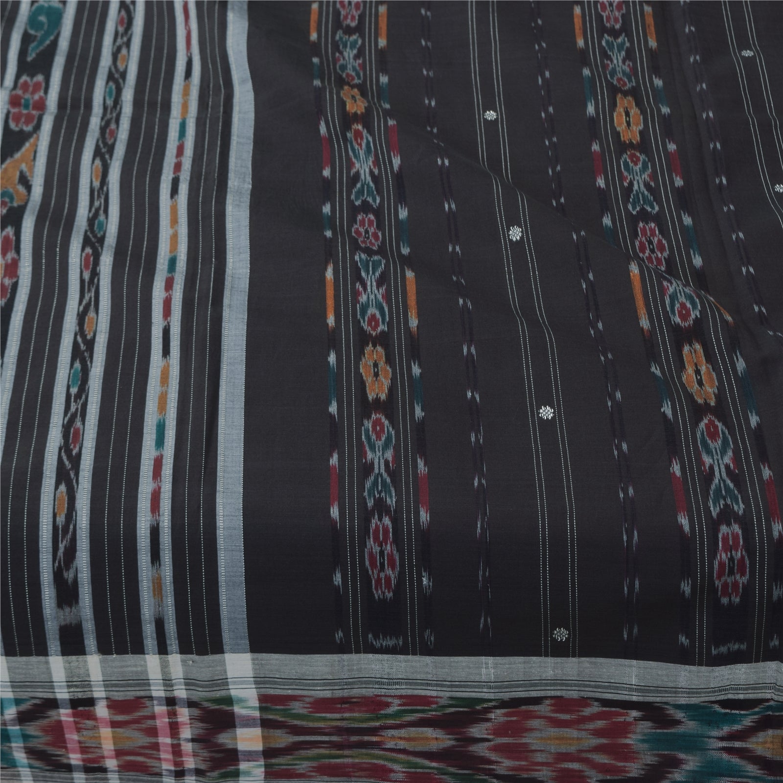 Sanskriti Vintage Sarees Black Ikat Handwoven Odisha Pure CottonSari 5+yd Fabric