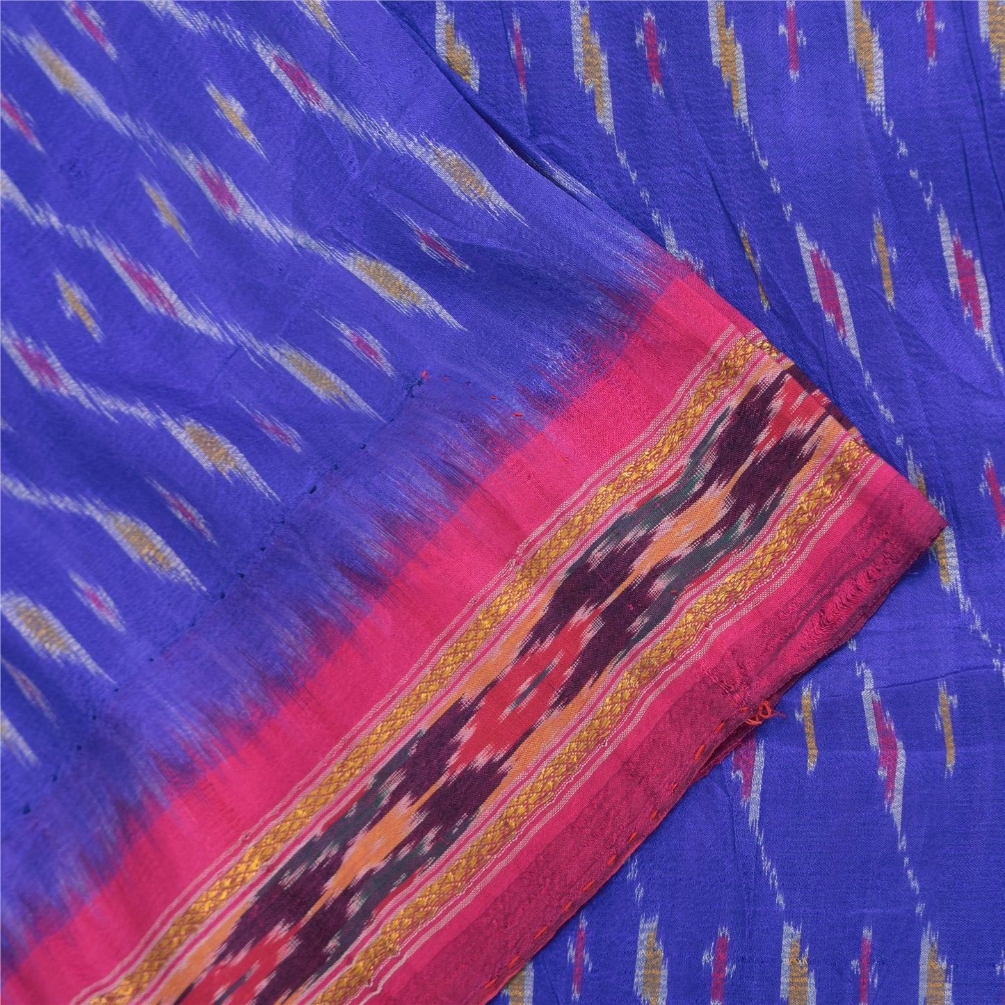 Sanskriti Vintage Sarees Blue Ikat Handwoven Pochampally Pure Silk Sari Fabric