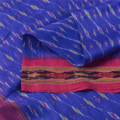 Sanskriti Vintage Sarees Blue Ikat Handwoven Pochampally Pure Silk Sari Fabric