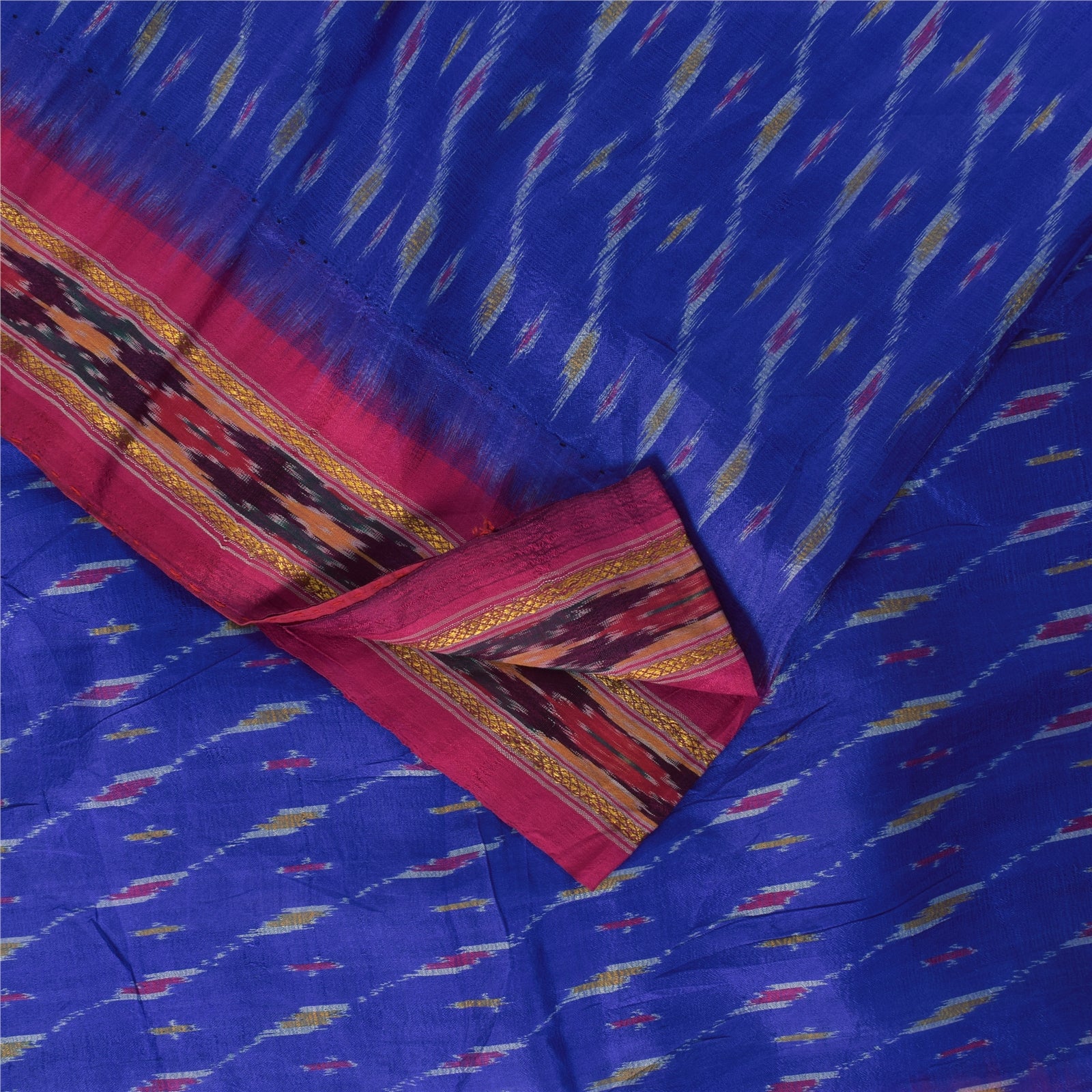 Sanskriti Vintage Sarees Blue Ikat Handwoven Pochampally Pure Silk Sari Fabric