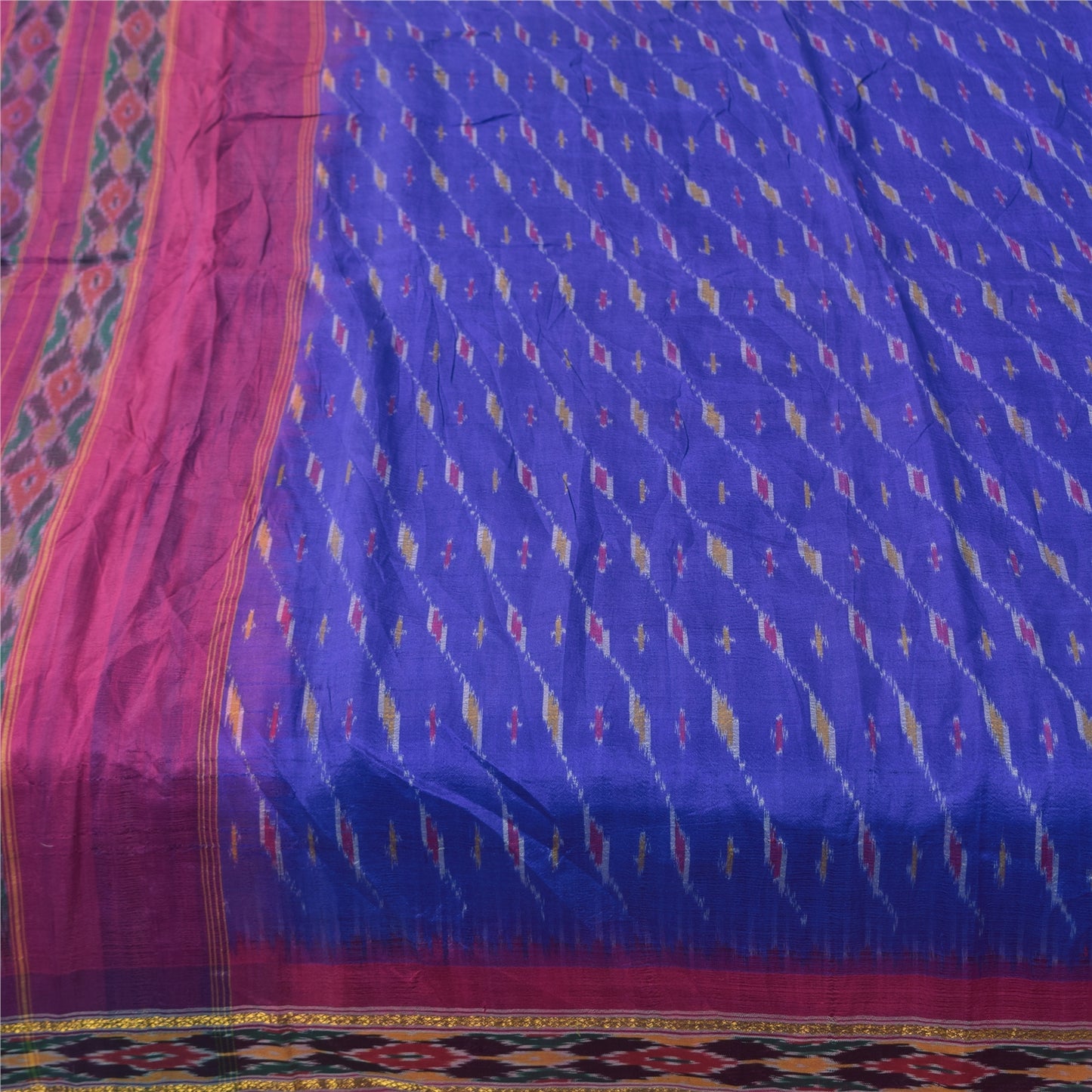 Sanskriti Vintage Sarees Blue Ikat Handwoven Pochampally Pure Silk Sari Fabric