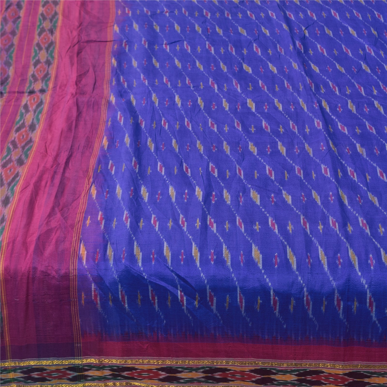 Sanskriti Vintage Sarees Blue Ikat Handwoven Pochampally Pure Silk Sari Fabric