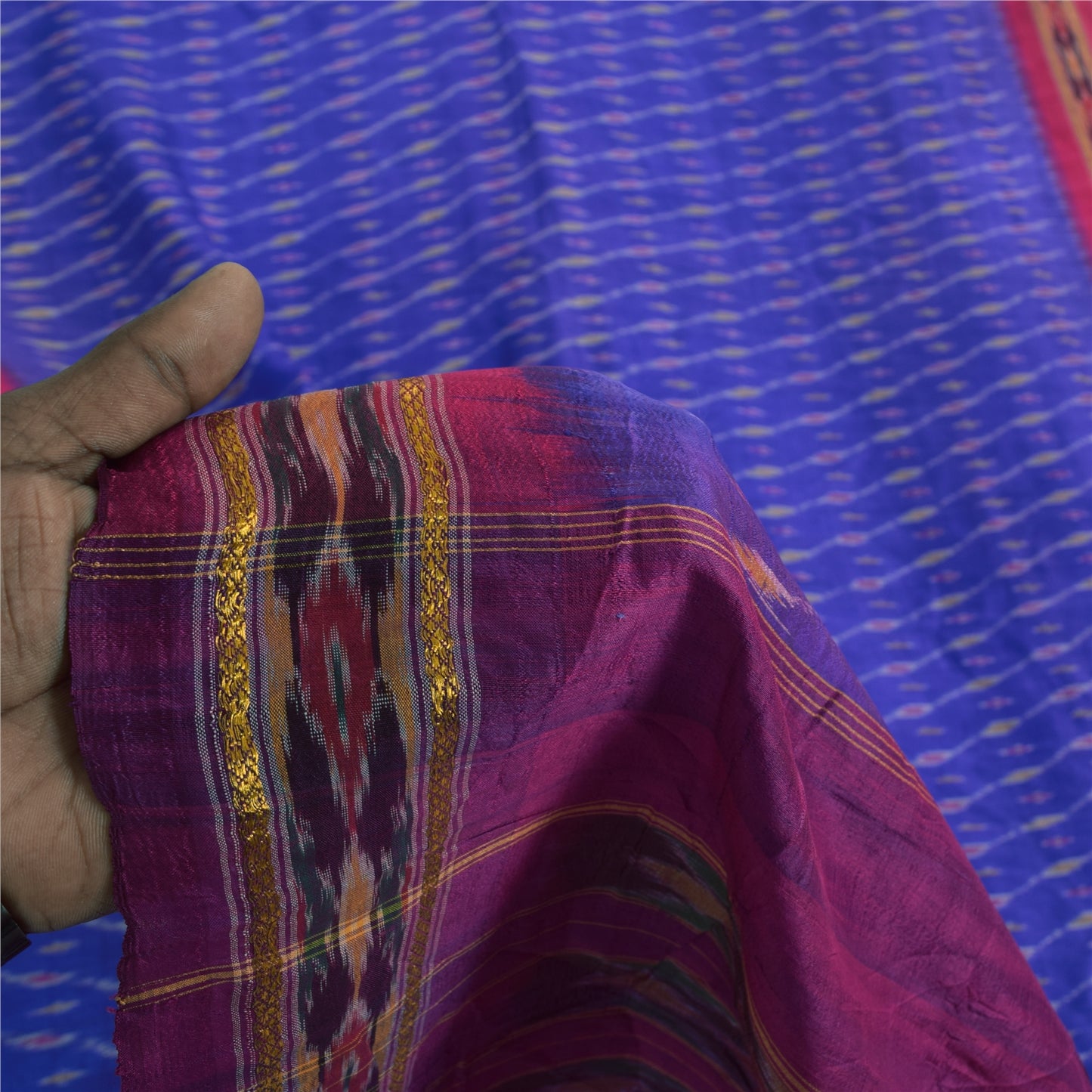 Sanskriti Vintage Sarees Blue Ikat Handwoven Pochampally Pure Silk Sari Fabric