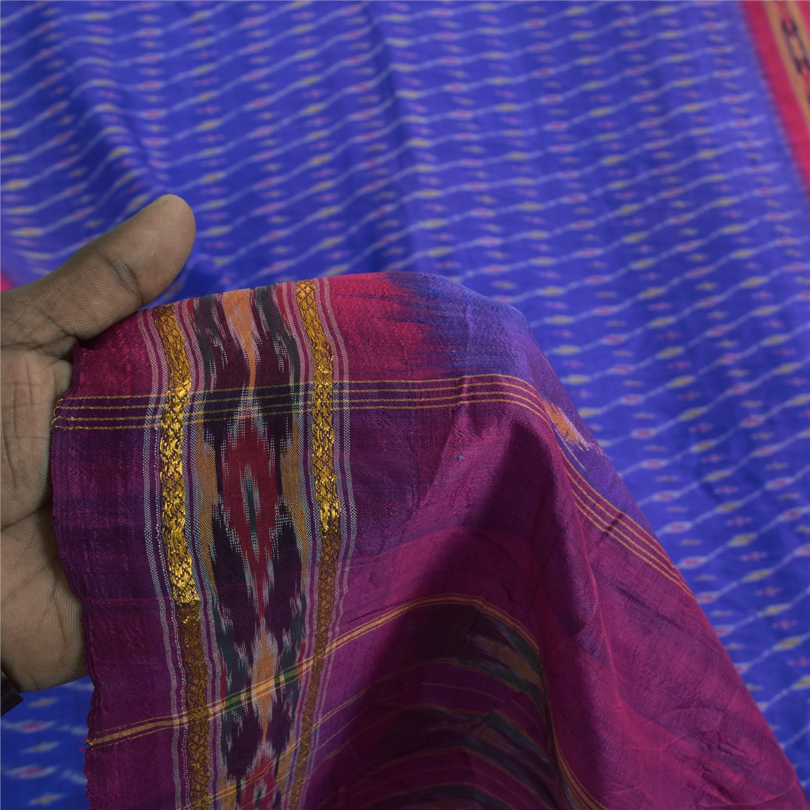 Sanskriti Vintage Sarees Blue Ikat Handwoven Pochampally Pure Silk Sari Fabric