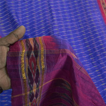 Sanskriti Vintage Sarees Blue Ikat Handwoven Pochampally Pure Silk Sari Fabric