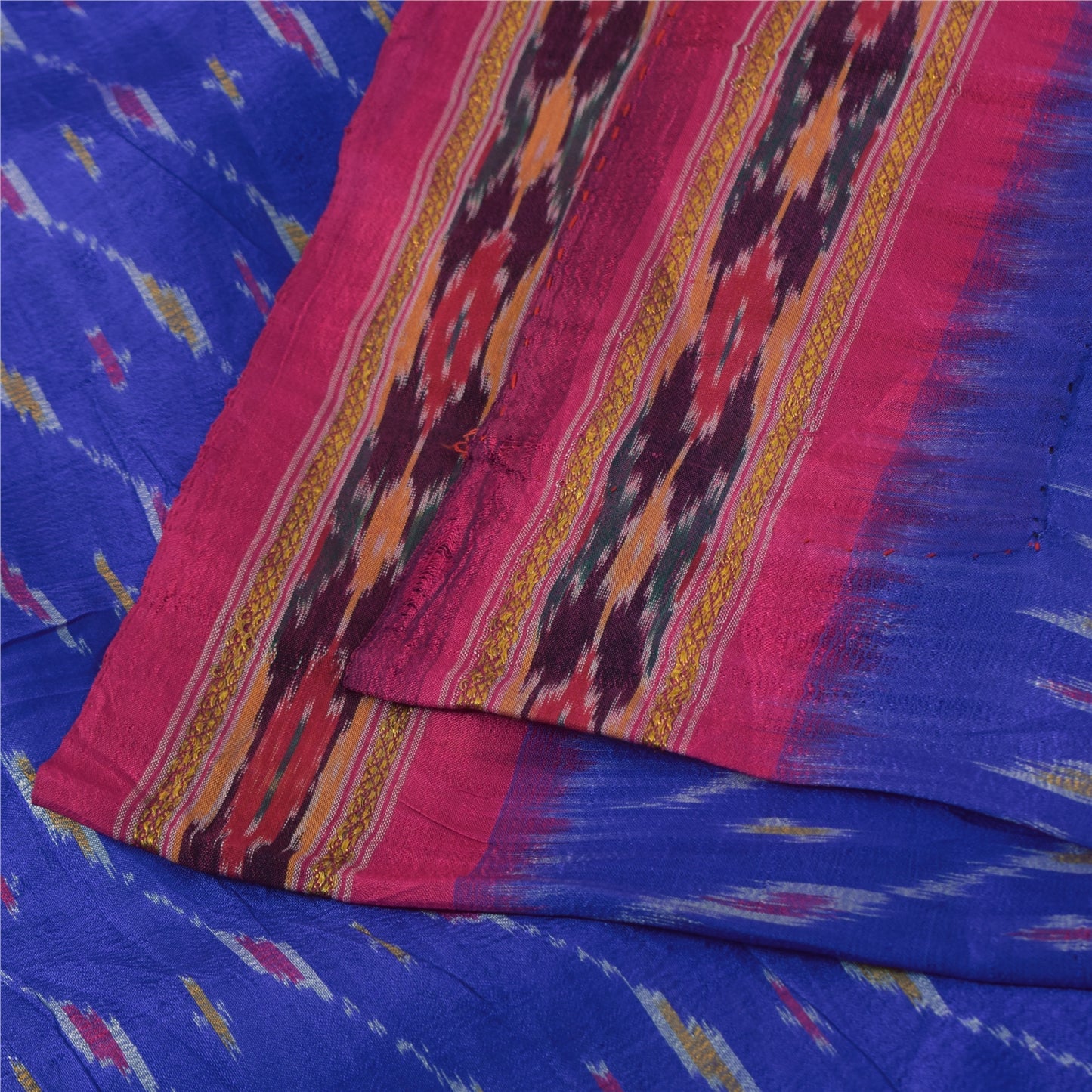 Sanskriti Vintage Sarees Blue Ikat Handwoven Pochampally Pure Silk Sari Fabric