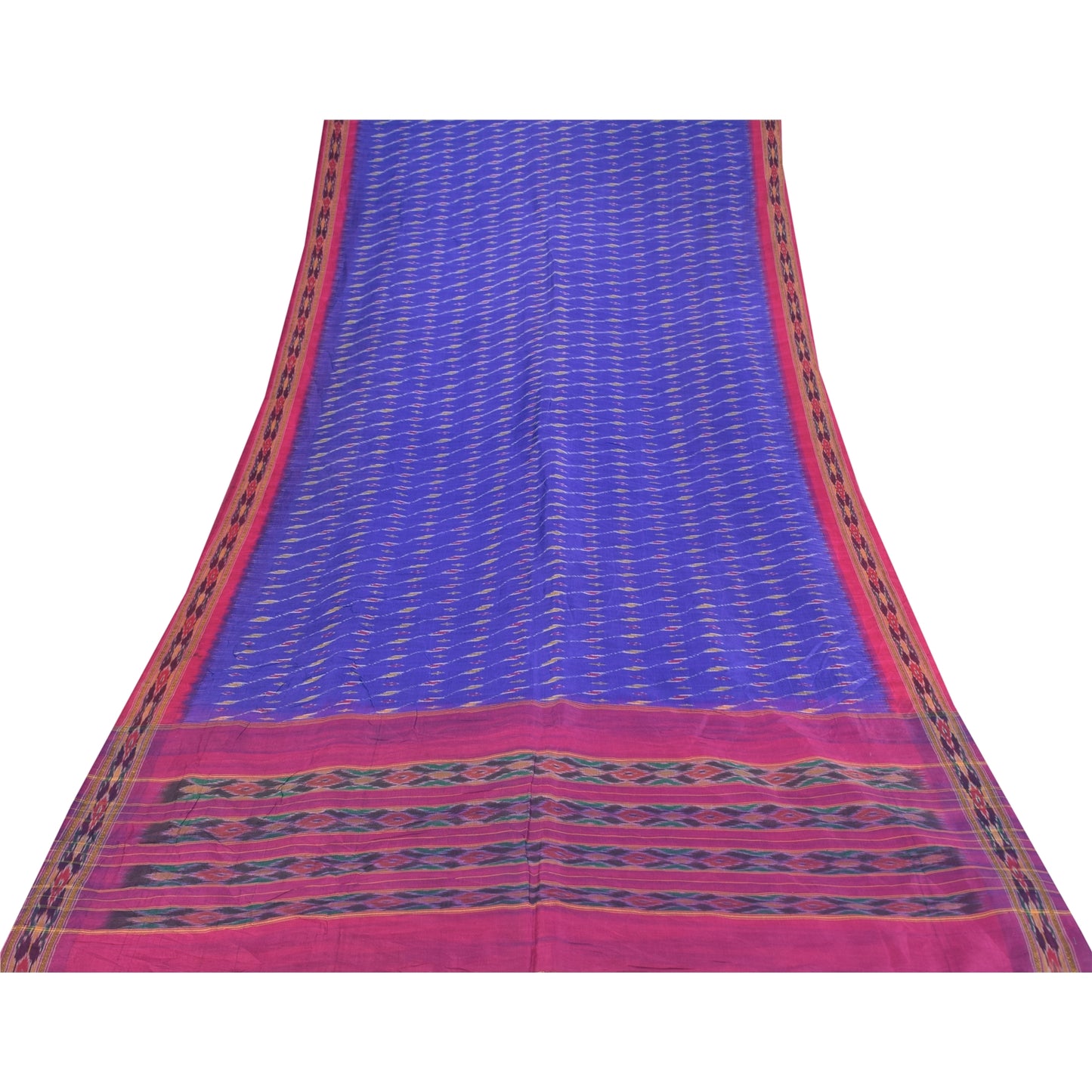 Sanskriti Vintage Sarees Blue Ikat Handwoven Pochampally Pure Silk Sari Fabric