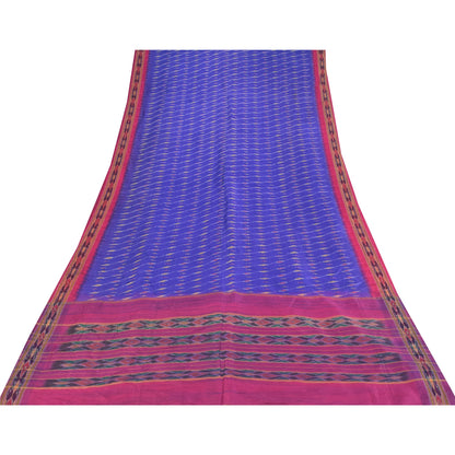 Sanskriti Vintage Sarees Blue Ikat Handwoven Pochampally Pure Silk Sari Fabric