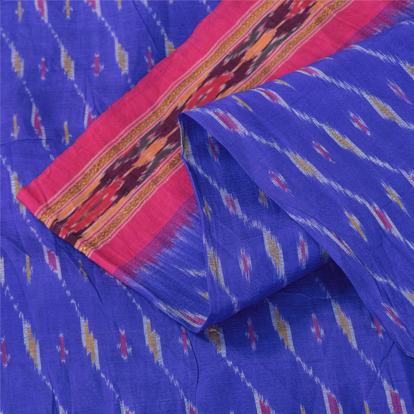 Sanskriti Vintage Sarees Blue Ikat Handwoven Pochampally Pure Silk Sari Fabric