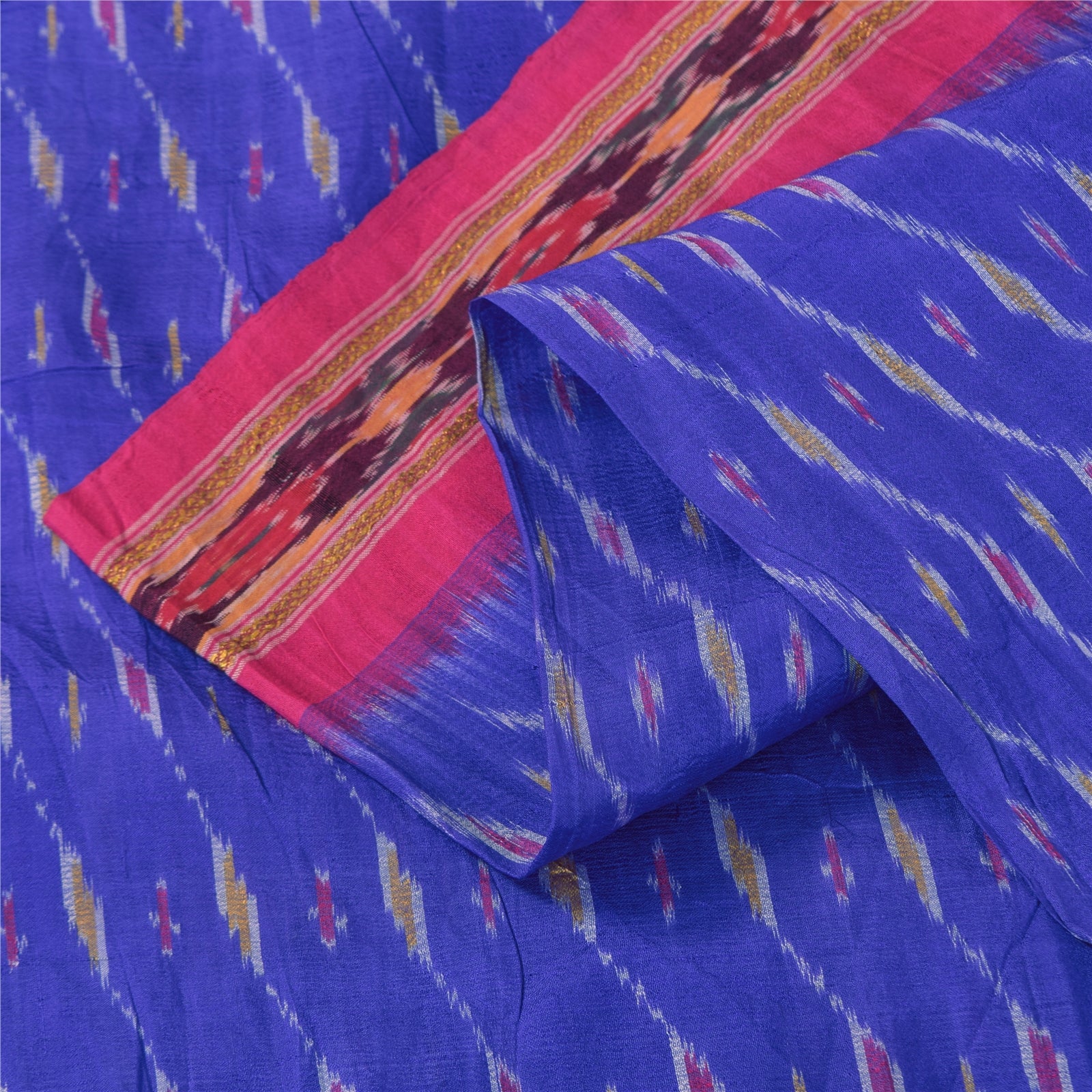 Sanskriti Vintage Sarees Blue Ikat Handwoven Pochampally Pure Silk Sari Fabric